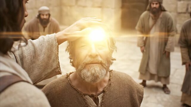Man being healed from blindness by Jesus, light shining brightly on his face, a miracle of faith and divine intervention