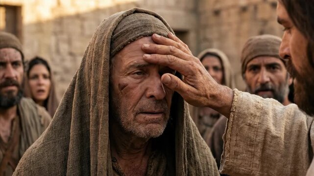 Jesus Christ healing a blind man with a touch, bright light symbolizes divine intervention and miraculous restoration of sight, religious concept.