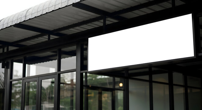 Restaurant logo mockup Blank horizontal sign above storefront entrance with glass doors photo stock