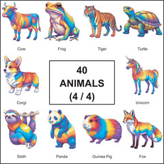 Obraz premium Colorful cartoon animals with labels: cow, frog, tiger, turtle, corgi, unicorn, sloth, panda, guinea pig, fox – kids learning poster
