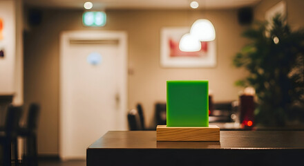 Restaurant logo mockup Green Acrylic Sign on Wooden Stand in Restaurant Interior sign, green sign