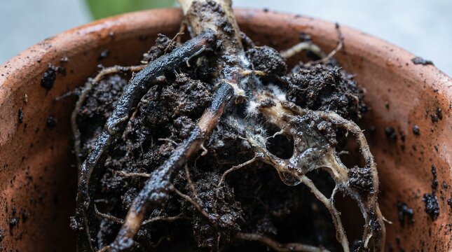 Close-up of root rot on potted plant  