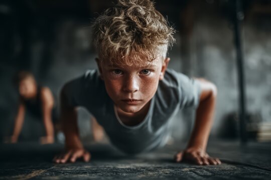 Young boy is doing pushups in a gym. He looks tired and is sweating. The boy is focused on his workout