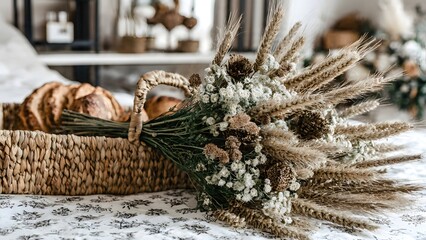 Obraz premium Rustic woven basket holds dried wheat bouquet with white baby's breath, pinecones, natural autumn decor arrangement indoors.