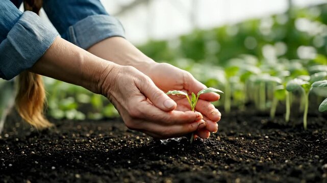 Woman waters seedling with careful hands in greenhouse soil. Farmer protects seedling growing in soil row. Woman nurtures young plant with water. Greenhouse seedling care by farmer hands in soil.