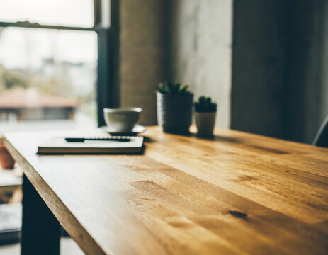 wooden table with books and a vase of flowers