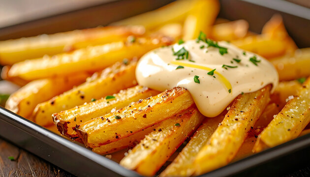 Oven baked fries with garlic aioli sauce, tasty snack, dinner food, cozy kitchen vibe.