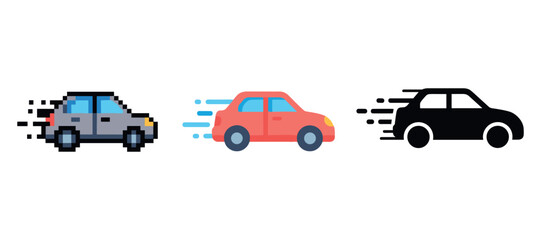 Naklejka premium Pixel, cartoon, and silhouette cars displaying speed styles and motion