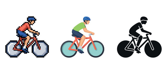 Obraz premium Bicycle illustrations: pixel art, flat design, silhouette of male cyclists