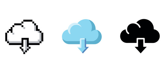 Obraz premium Three cloud download icons: pixelated, cartoon, silhouette style comparison