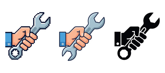 Fototapeta premium Hands holding wrenches: pixel, realistic, and silhouette styles