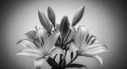 A black and white close-up of lilies, with open and closed blooms, on a simple background