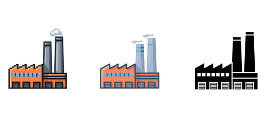 Obraz premium Stylized factory icons with smokestacks in color and silhouette versions
