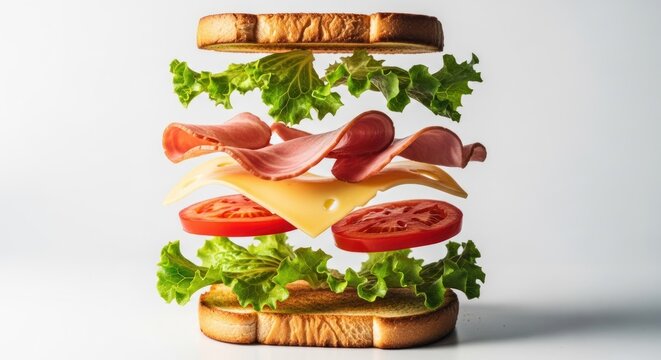 A deconstructed sandwich with layers of ingredients suspended in mid-air against white