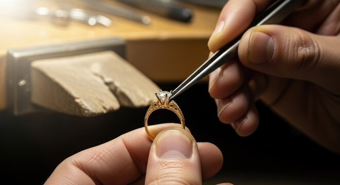 A jeweler's hands holding a ring, inspecting a diamond with tweezers at a workbench