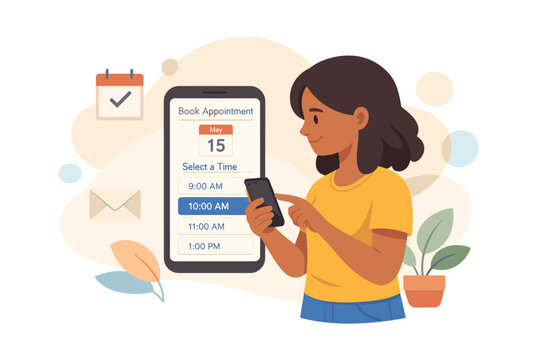 Woman booking appointment on mobile app, online scheduling concept, flat vector illustration