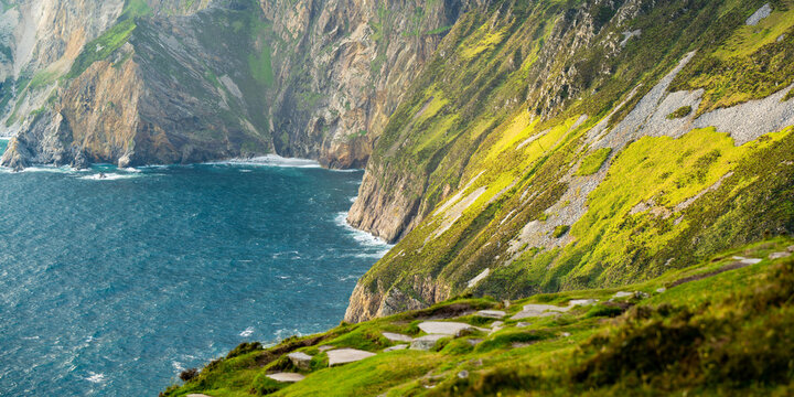 Slieve League, Irelands highest sea cliffs, located in south west Donegal along this magnificent costal driving route. One of the most popular stops at Wild Atlantic Way route, Co Donegal.