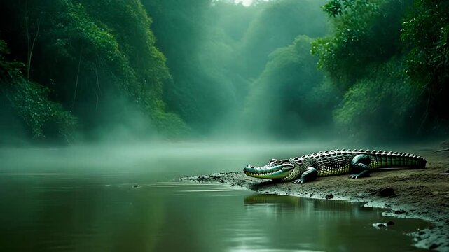 Firefly &ldquo;Jungle crocodile resting on muddy riverbank, thick fog, green dense trees in background, mo