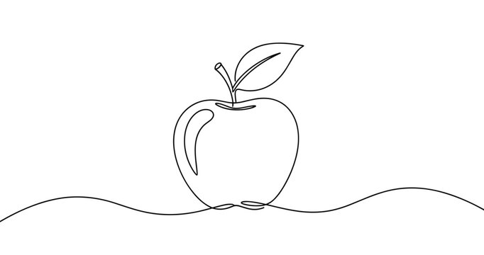 Simple continuous line drawing of an apple with leaf. No editable stroke