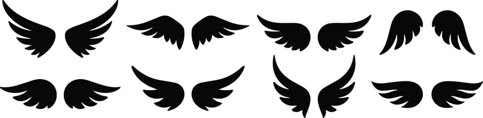 Obraz premium Black wings silhouette icon set featuring various feather styles for angel, bird, flight, freedom, tattoo design, and creative graphic illustrations.