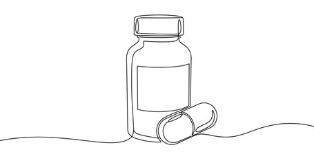 Minimalist line art of pill bottle and capsule design. No editable stroke
