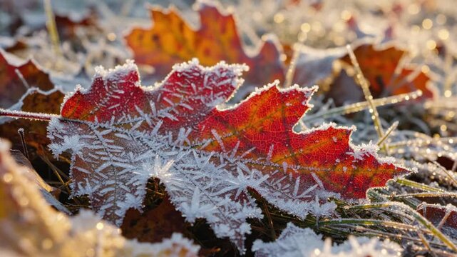 Frosty Autumn Oak Leaves, Winter Morning Frost, Red Fall Foliage Close Up