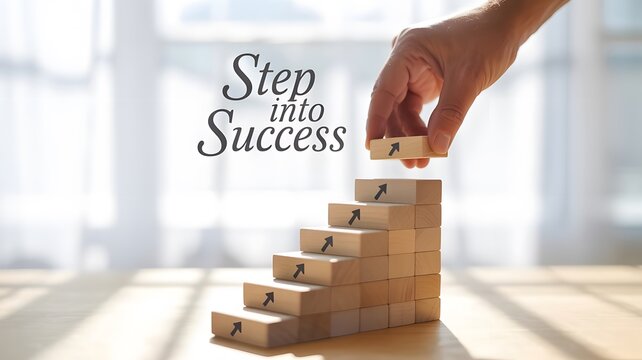 Hand building staircase of wooden blocks with upward arrows for career advancement