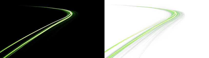 Light trails create patterns on a transparent background in dark and light settings during nighttime or day