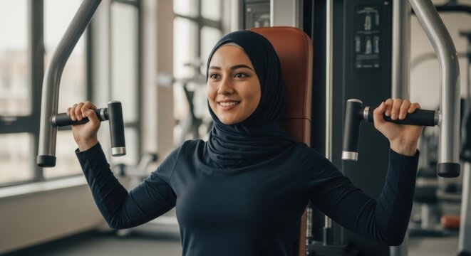 Confident woman in a hijab using a chest press machine at a well-lit gym