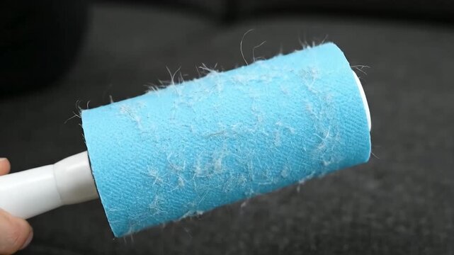 Person cleaning a sofa with a lint roller.