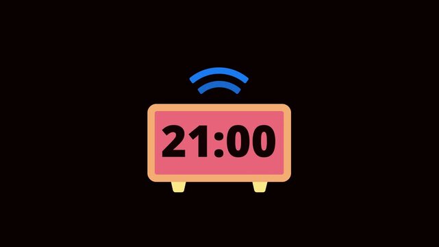 Digital Alarm Clock 21:00 Time Reminder Animation On Black Background. 21:00 AM PM Alarm Clock Flat Motion Graphic. Clock Alarm Notification Minimal Animation	