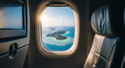 Fototapeta premium Interior airplane view of a sunny tropical island scene through an oval window