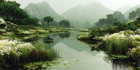 A tranquil natural landscape showing a calm wetland with reflective water, lush green vegetation, wildflowers, trees, and misty mountains in the background.