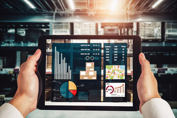 Warehouse management innovative software in computer for real time monitoring of goods package...