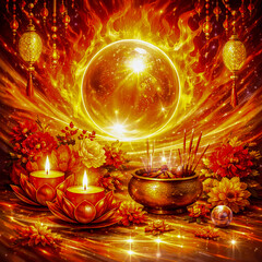 Golden energy orb with candles and incense &ndash; Background for spiritual fire ritual, Feng Shui fire element