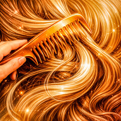 Luxury golden hair care with shiny wavy hair and comb