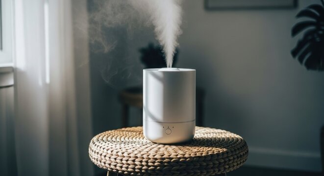 Modern, white humidifier releasing steam on woven table. Soft light and plants in background