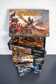 Madrid, Spain, January 17, 2026: Exhibition of many warhammer branded boxes for board games between adults.