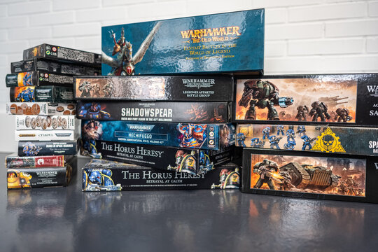 Madrid, Spain, January 17, 2026: Exhibition of warhammer board games for hand painting and role-playing games among adults.