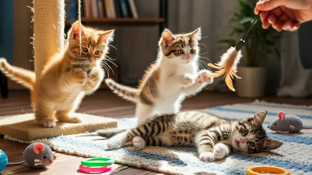 Playful kittens with toys in a room. One stands with a toy and two others play on a rug