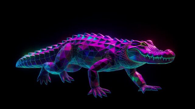 Abstract neon crocodile made of glowing polygons, futuristic holographic style, 8K, 2026