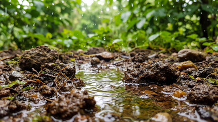 Fototapeta premium Close up low angle view of fresh water droplets falling on dark soil and puddles in a lush green forest setting
