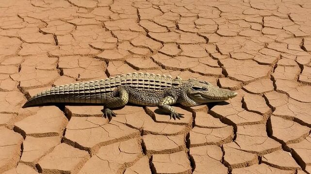 8K Desert Realism: Cinematic macro loop of a crocodile perfectly camouflaged in cracked earth patterns