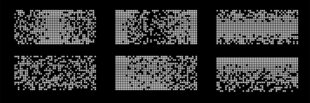 Dispersed pixel mosaic pattern creating a digital decay effect. Abstract background with square particles dissolving into space for modern graphic design