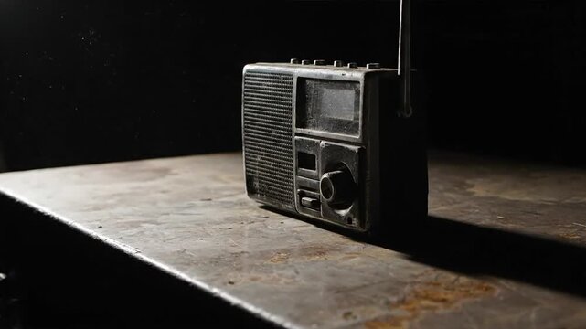 Vintage radio on rough surface with dark background and atmospheric lighting