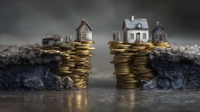 Rich and poor homes standing on stacks of coins facing each other over a broken ground &ndash; visual metaphor for wealth gap, housing crisis, income inequality and the rising cost of living