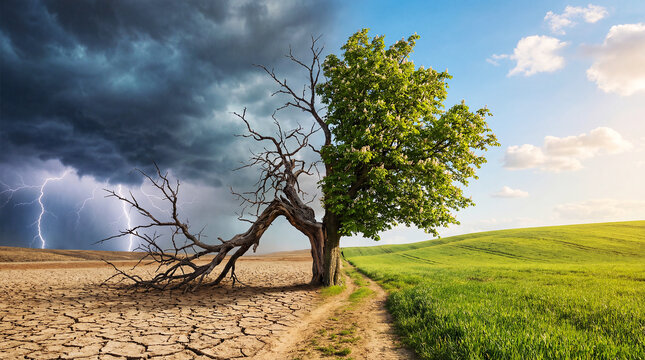 Dualsided tree symbolizes dramatic contrast between drought and thunderstorm versus lush green landscape with sunny sky
