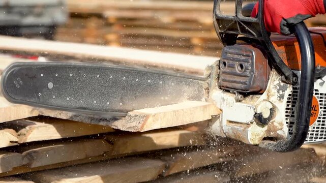 Ash boards. a worker saws off a control piece of board with a gasoline saw