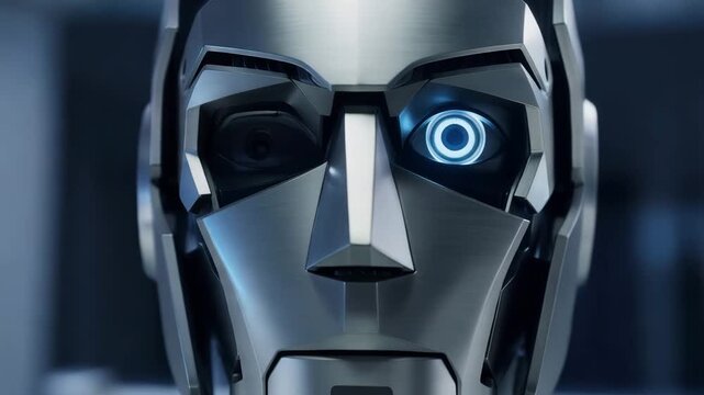 Humanoid robot face with illuminated diagnostic eye and metallic structure