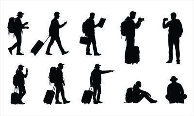 Silhouettes of Traveling Man with Suitcase and Backpack &ndash; Male Tourist Walking, Taking Photos, Using Smartphone and Waiting Vector Illustration